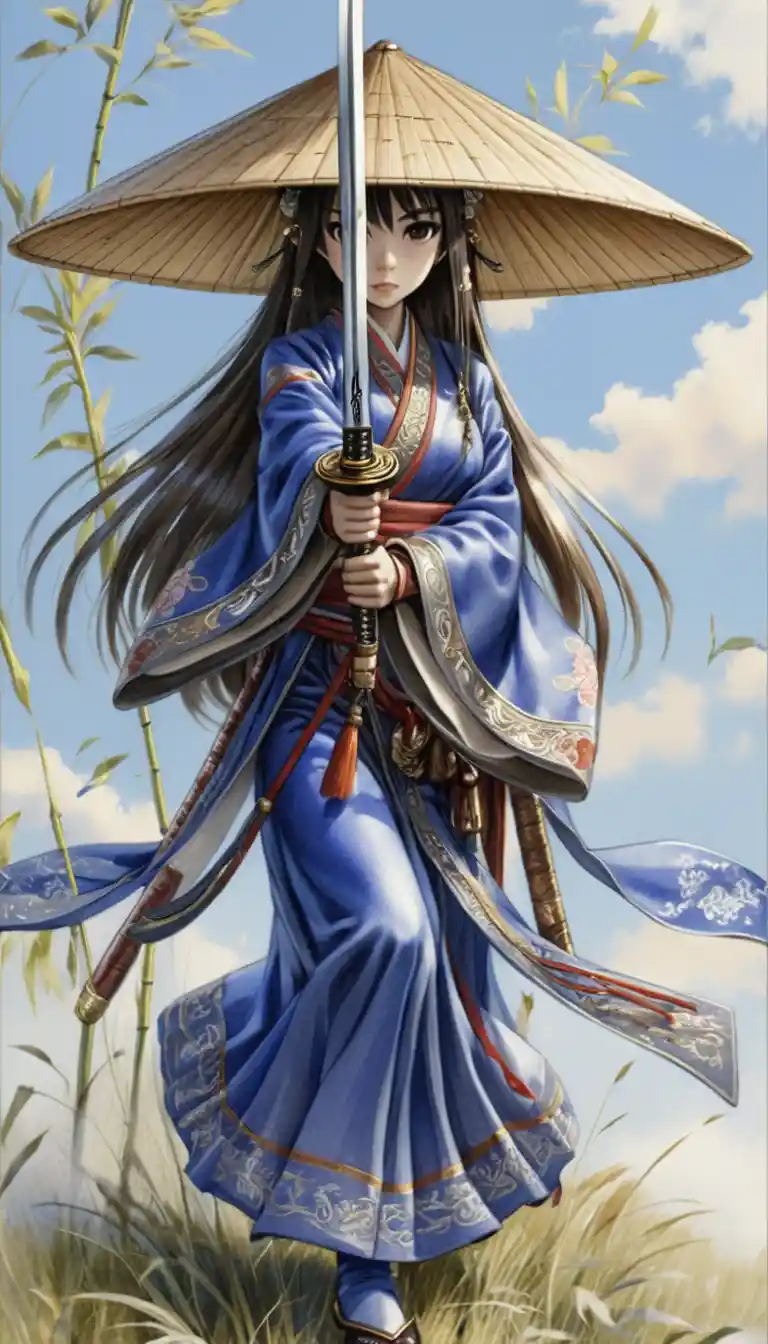 Samurai mulher em anime sacando sua espada em campo ventoso