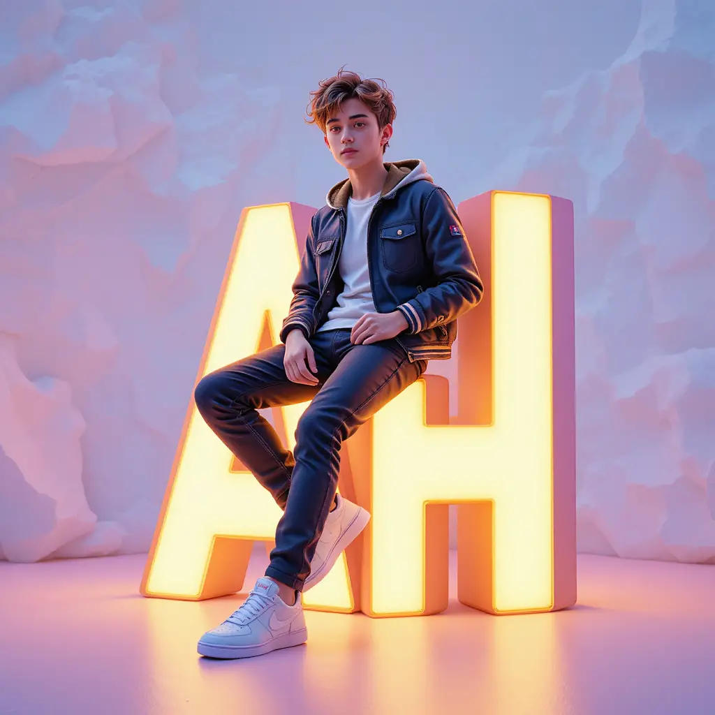 Stylish youth sitting on glowing AH logo in 3D scene