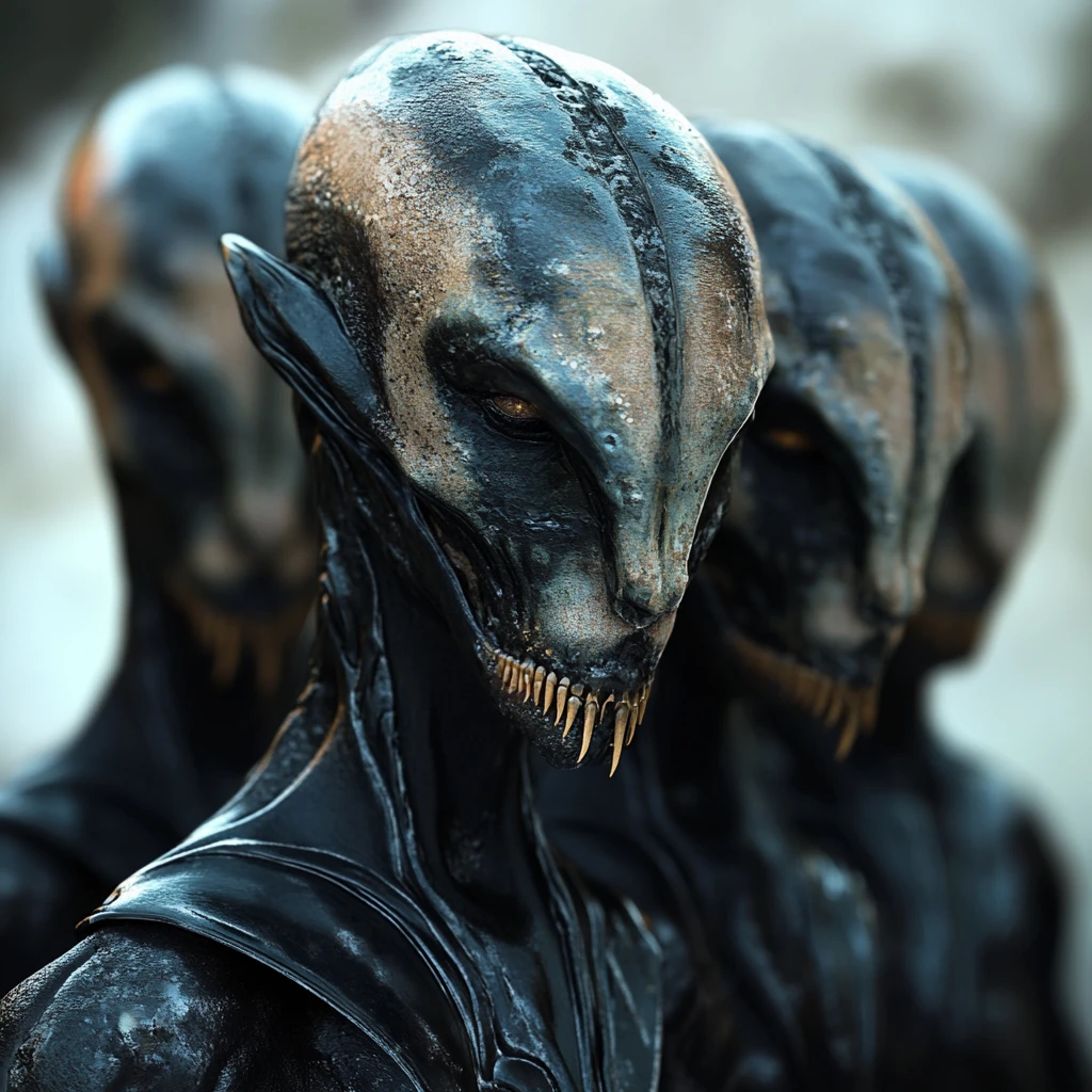Humanoid alien creature in studio with dramatic blue lighting
