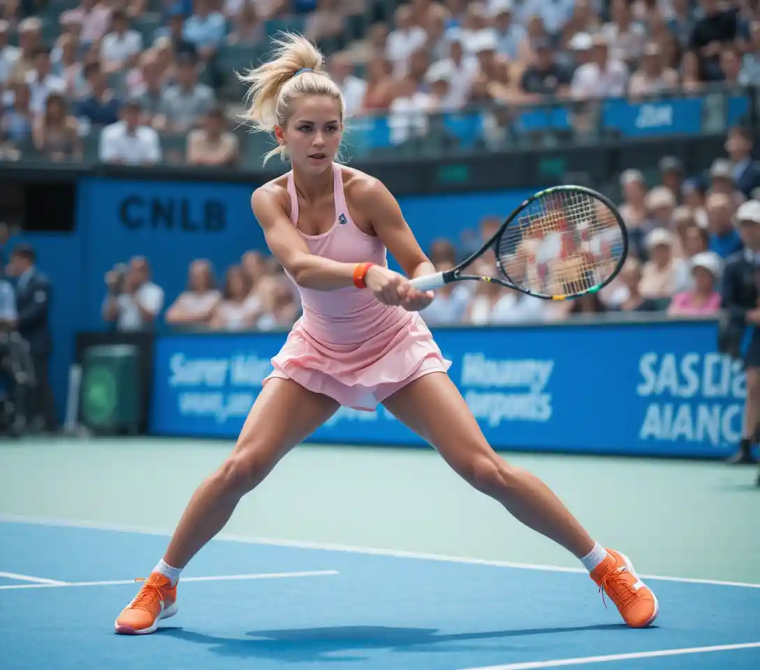 Female tennis player swinging on bright blue outdoor court