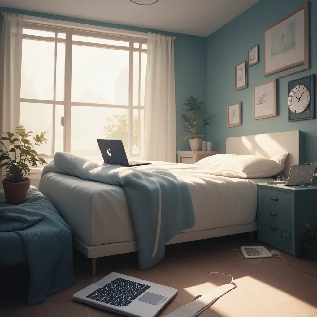 Miniature bedroom with white clock bed and small study desk