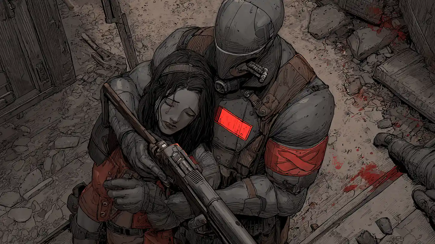 Lone vigilante comforting a crying woman on city street