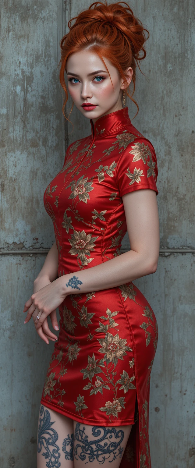 Red haired woman in floral cheongsam by concrete wall