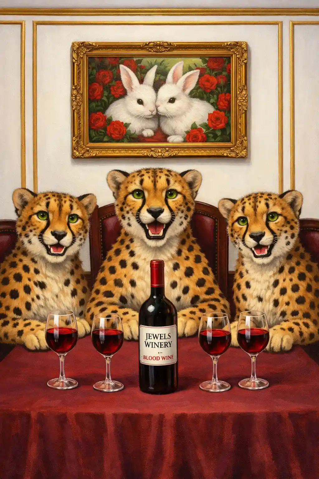 Três guepardos alegres compartilhando vinho em uma mesa de jantar de mogno