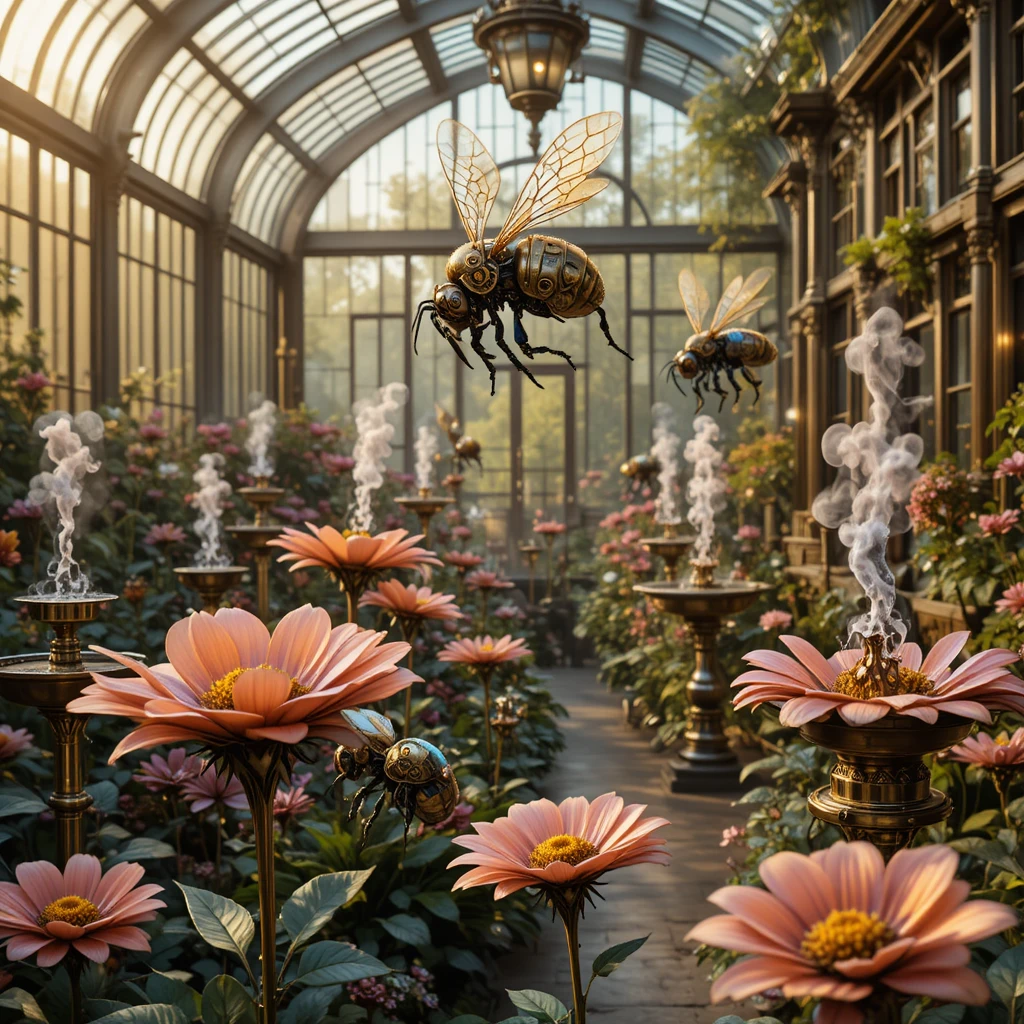 Giardino steampunk con api meccaniche in una serra di vetro