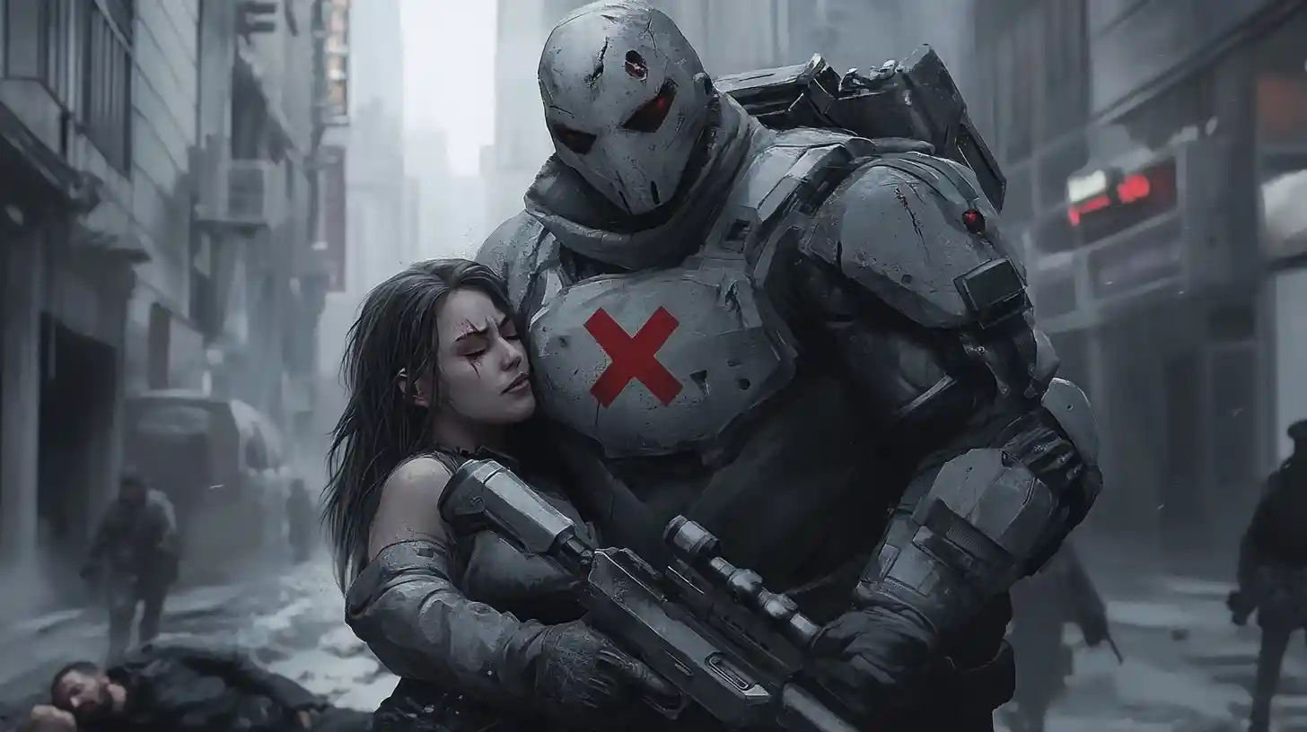 Dark vigilante comforting a crying woman on city street