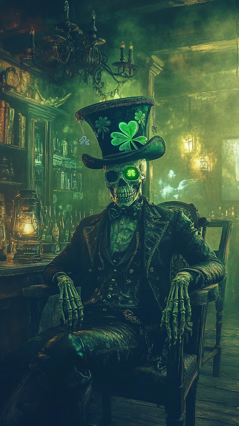 Esqueleto con sombrero de trébol en una escena fantasmal de pub irlandés