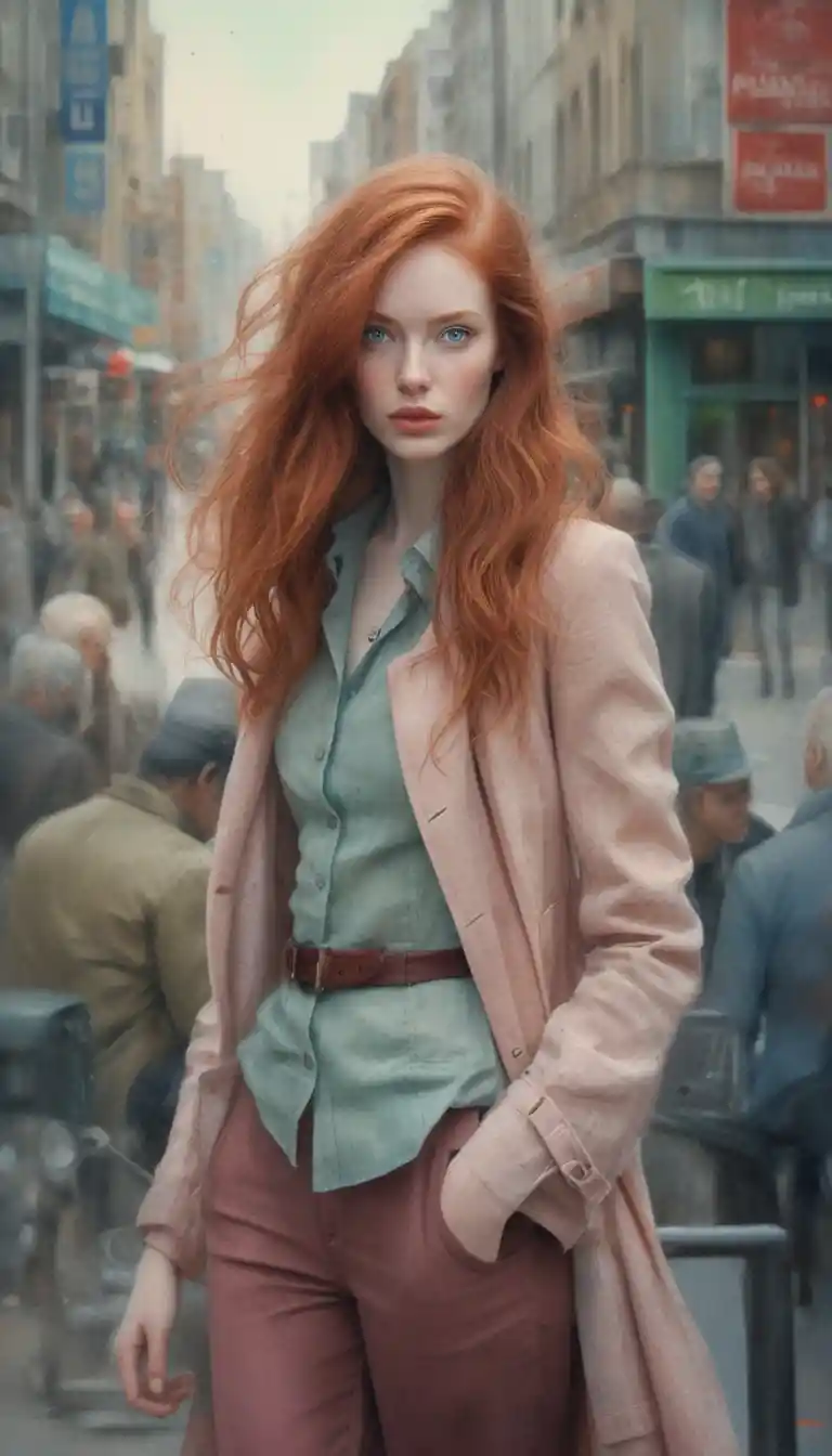 Red haired woman in pink coat on misty city street