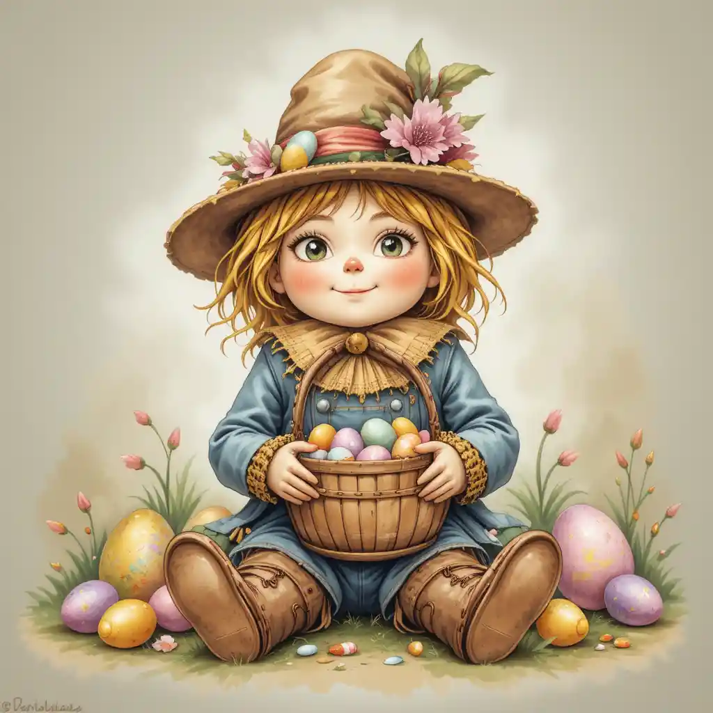 Adorable épouvantail en tenue de Pâques avec panier de bonbons