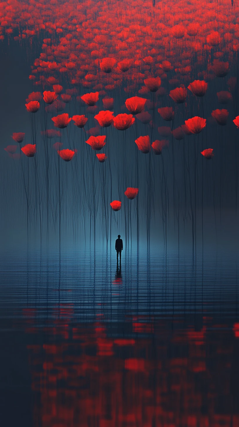 Tiny figure in vast red poppy field by dark reflective water