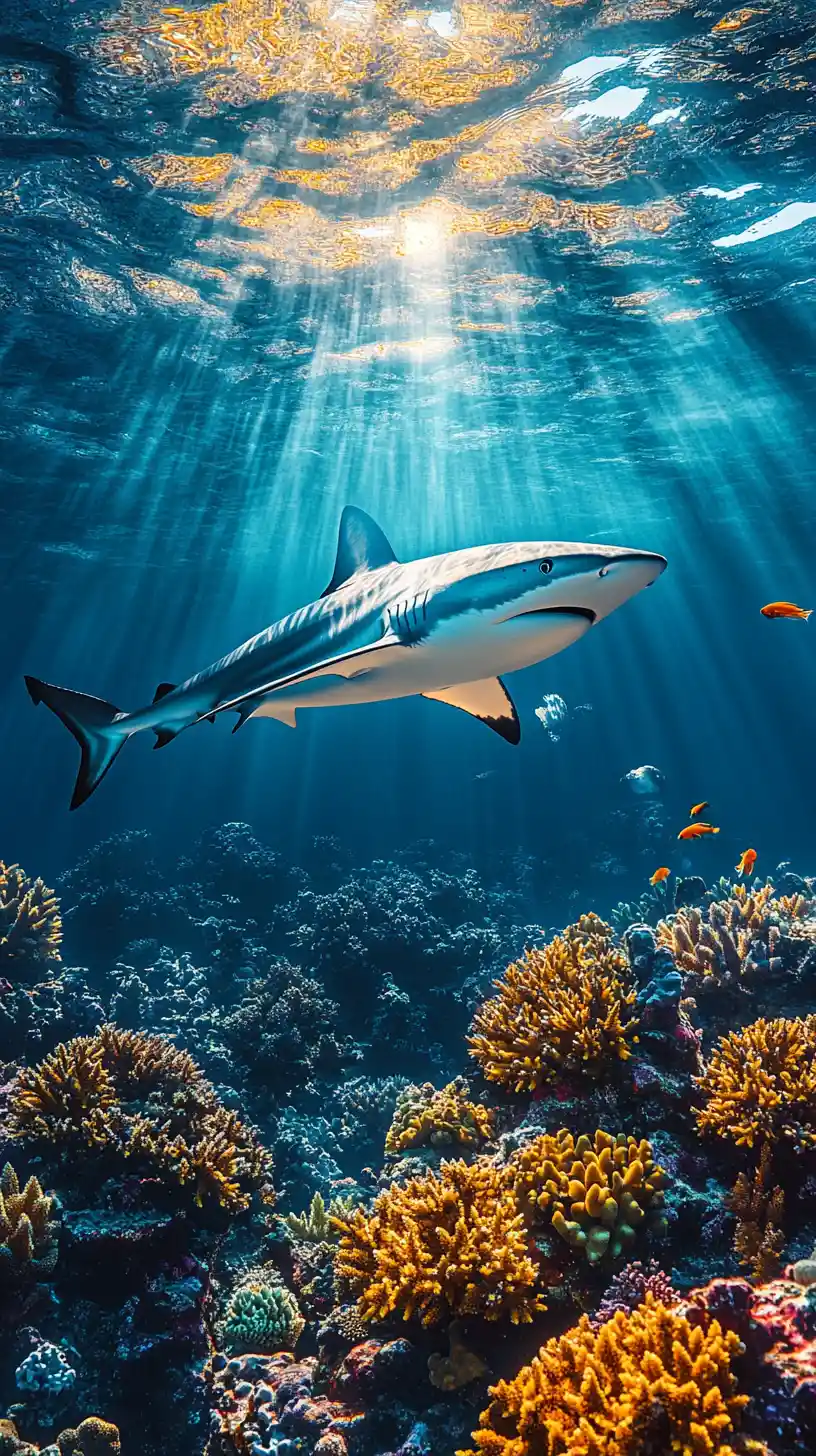Tiburón de arrecife deslizándose sobre una pared de arrecife de coral bañada por el sol