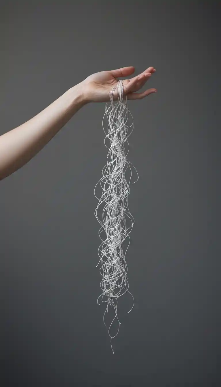 Minimalist arm holding tangled white string on dark background