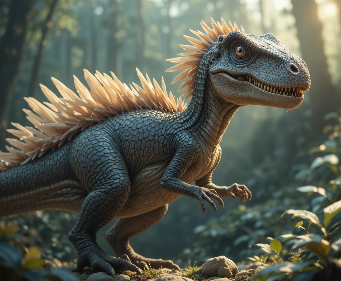 Ritratto anime di velociraptor piumato in una luce soffice e delicata