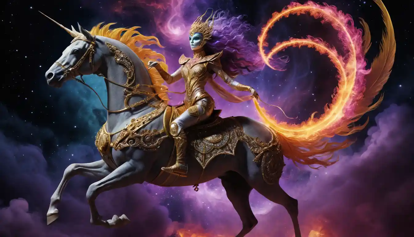 Celestial goddess at a quantum carnival in cosmic space