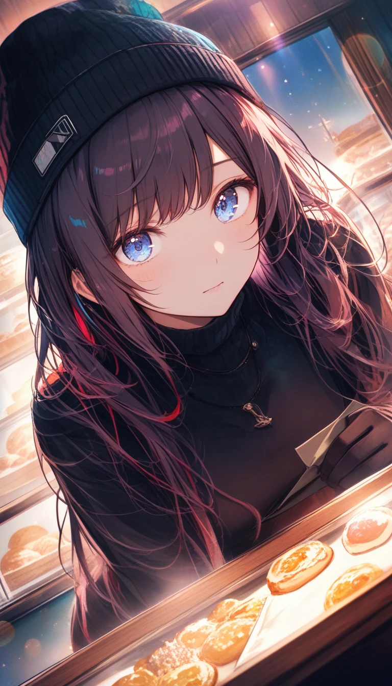 Woman in black turtleneck leaning in a bakery at night