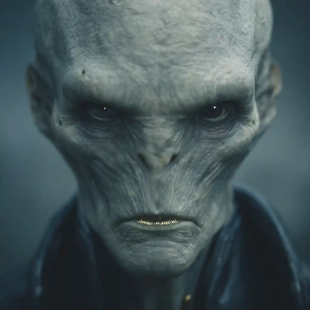 Menacing alien in black latex suit studio portrait