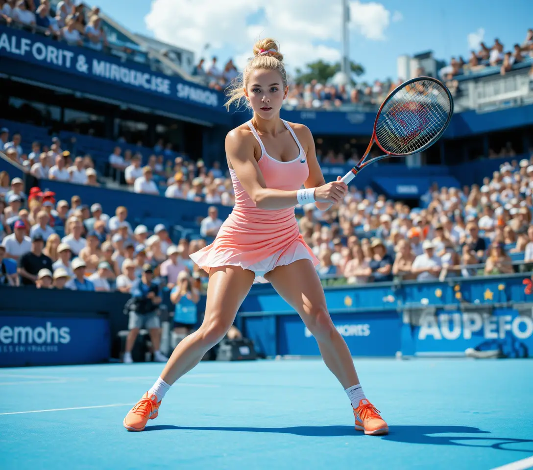 Focused female tennis player swinging on bright blue court