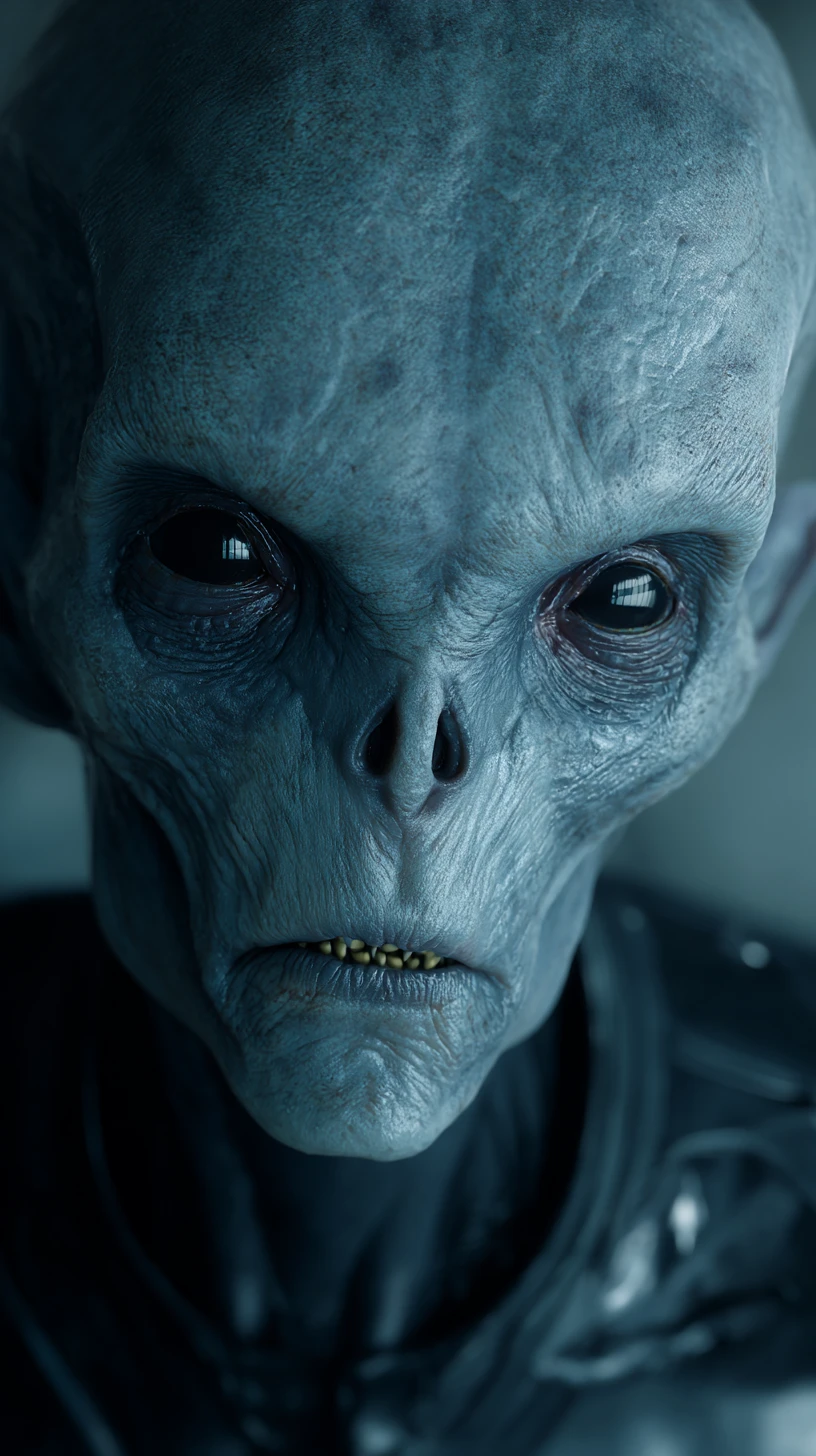Alien humanoid in black latex suit on blue studio background