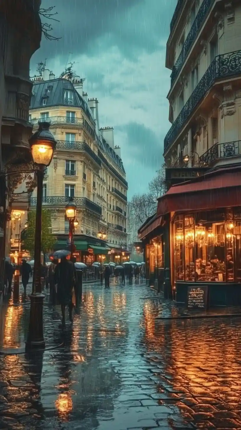 Rain soaked paris boulevard with glowing cafes at night