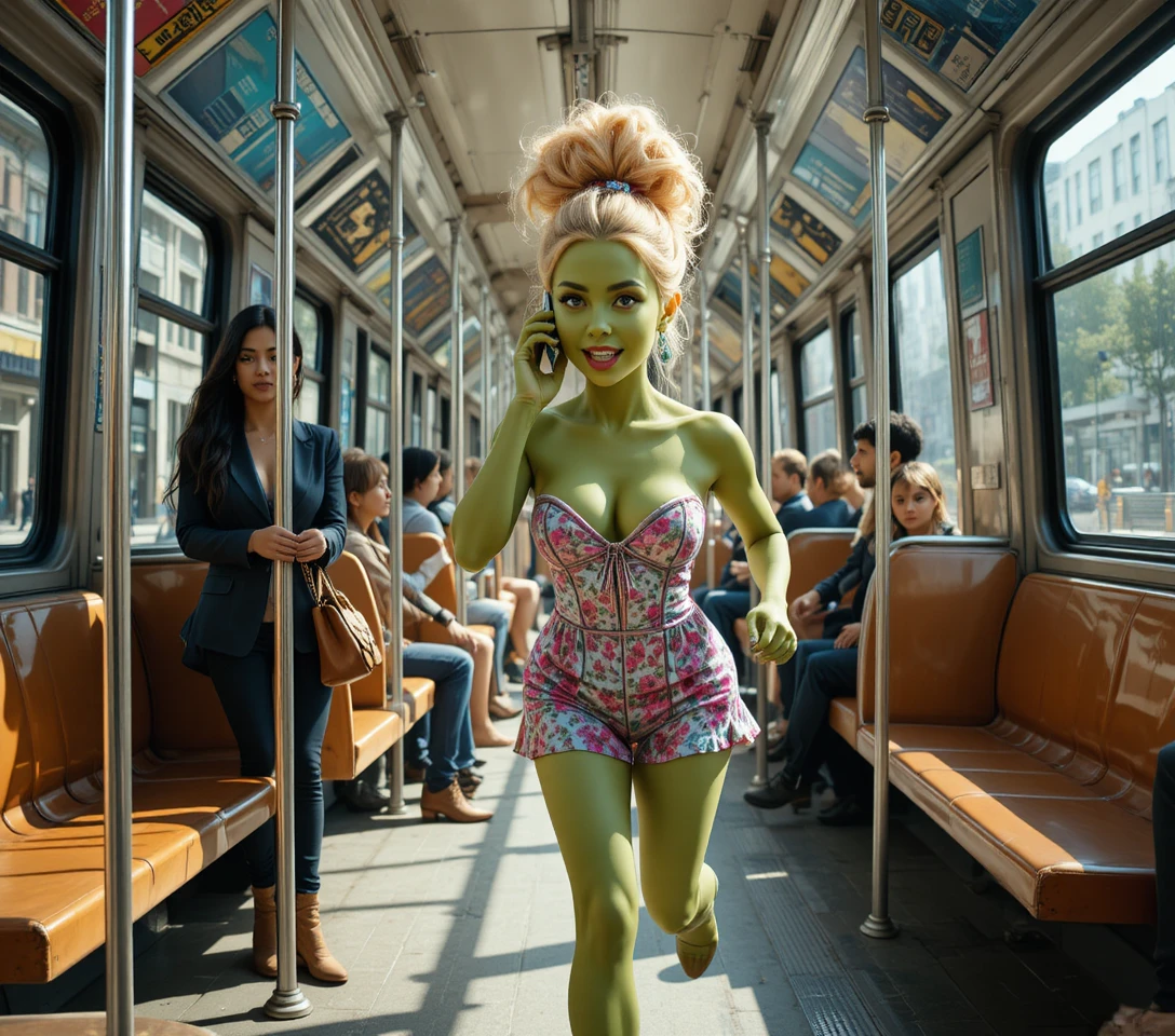 Mulher musculosa verde e furiosa correndo por um parque ensolarado