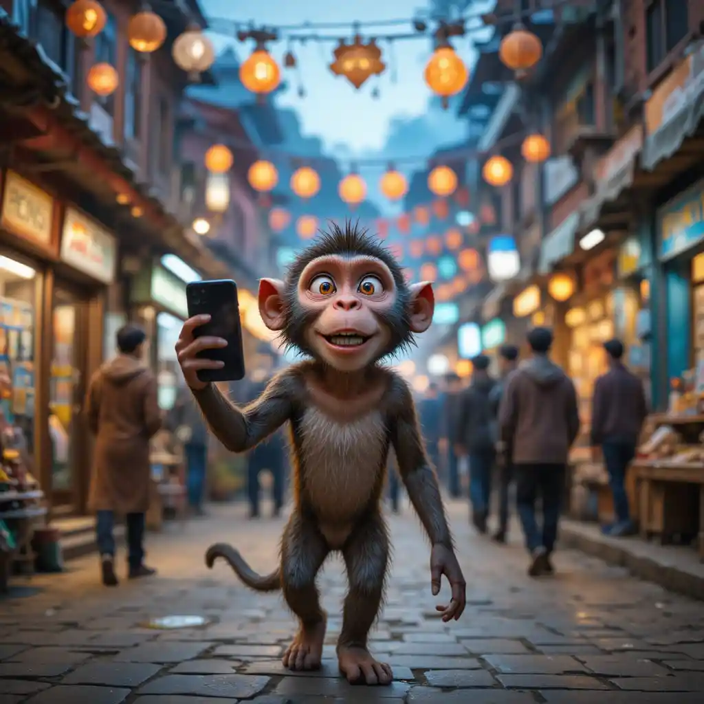 Mono juguetón haciendo vlogging en una colorida calle de Nepal