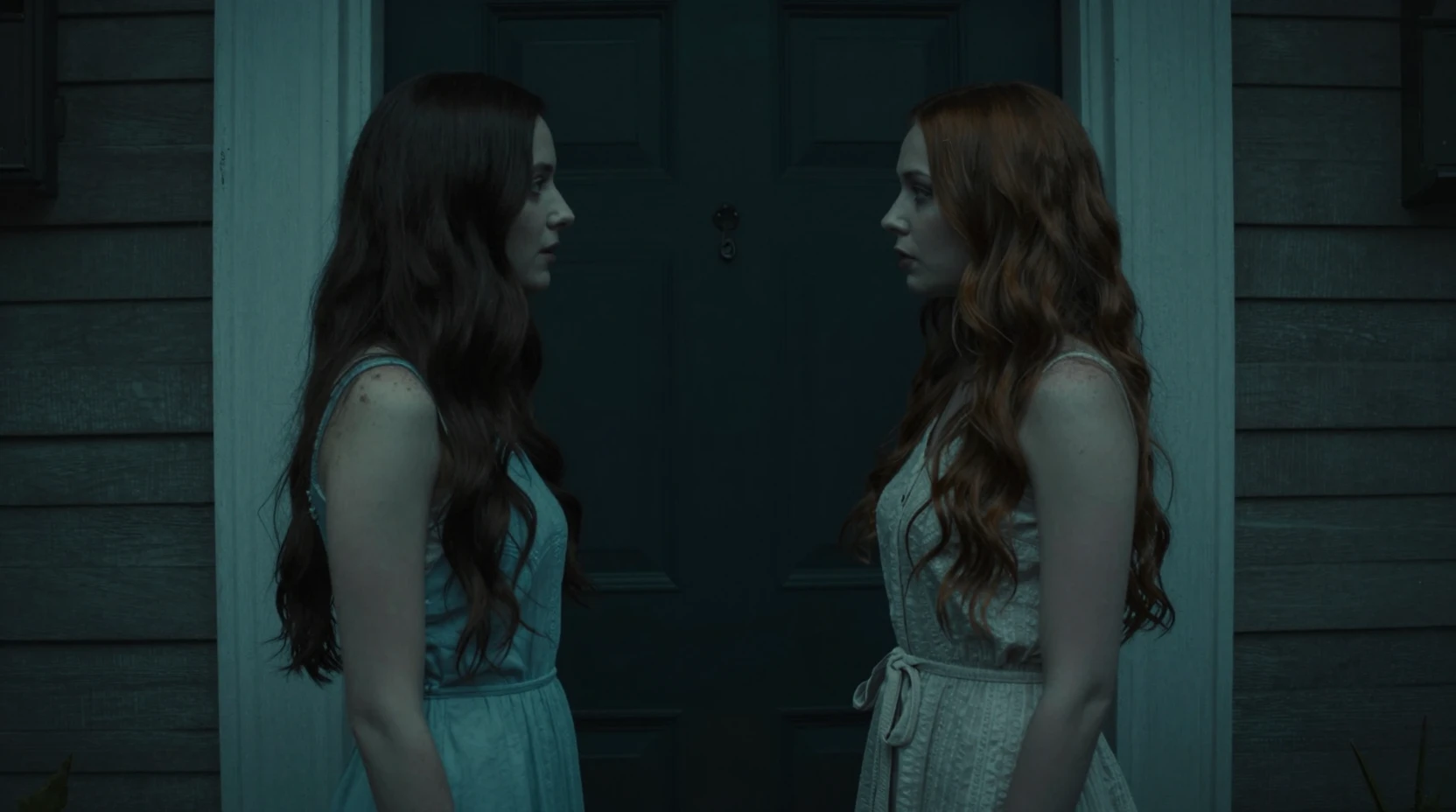 Woman in pale dress standing by a dark front door