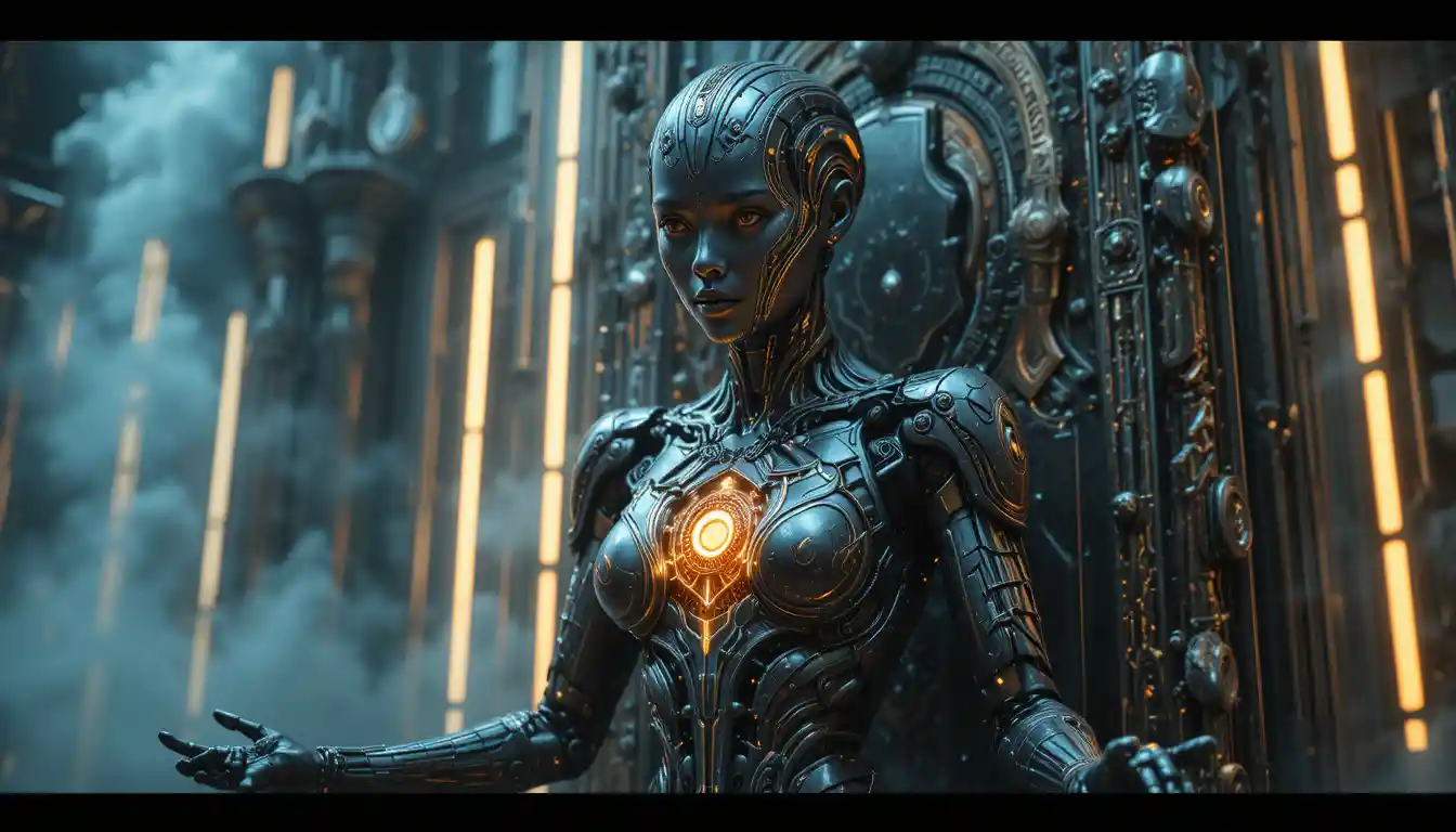 Reina robótica futurista en una brillante sala del trono de alta tecnología