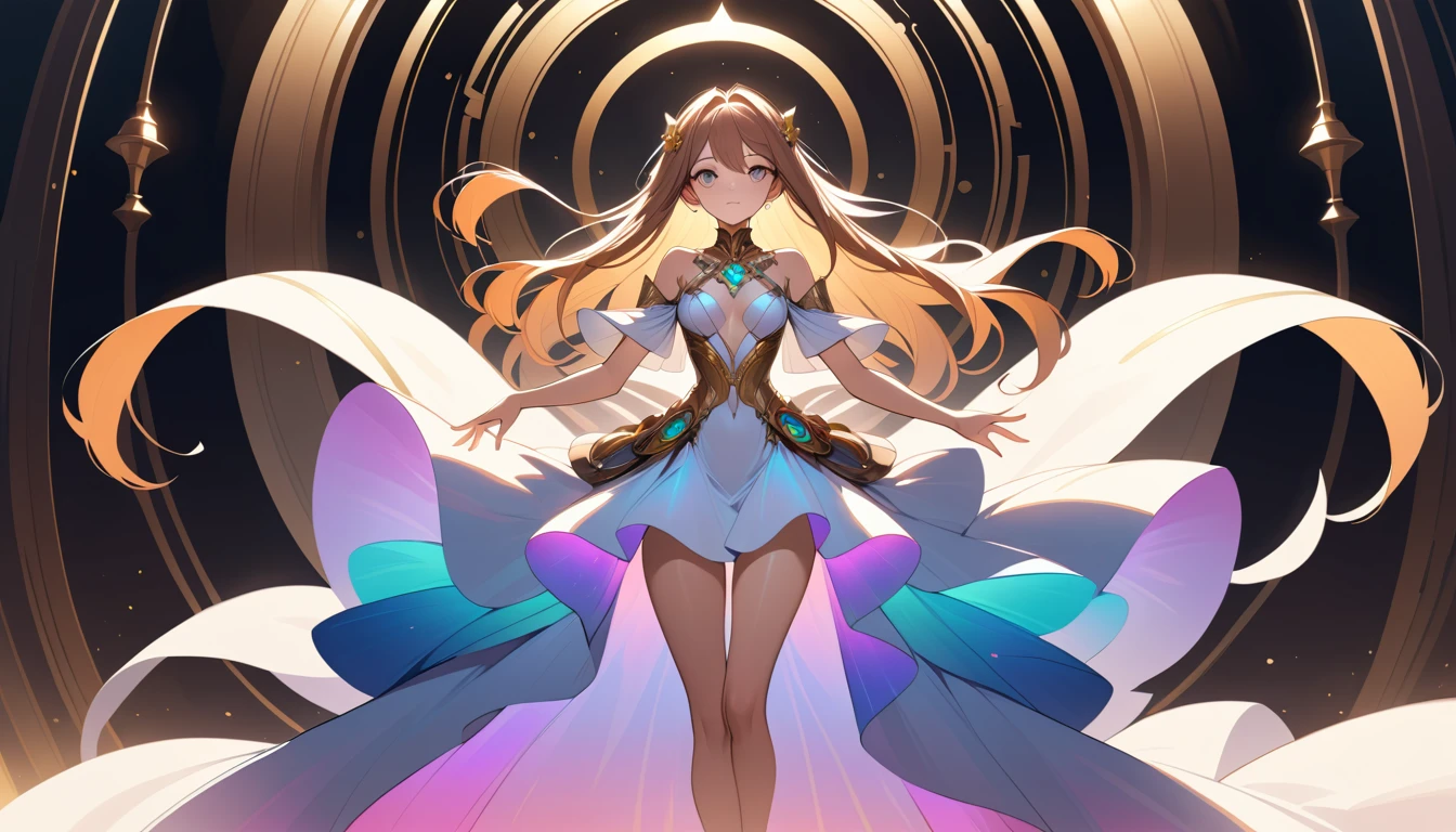 Heroína de anime steampunk en un vórtice iridiscente en espiral