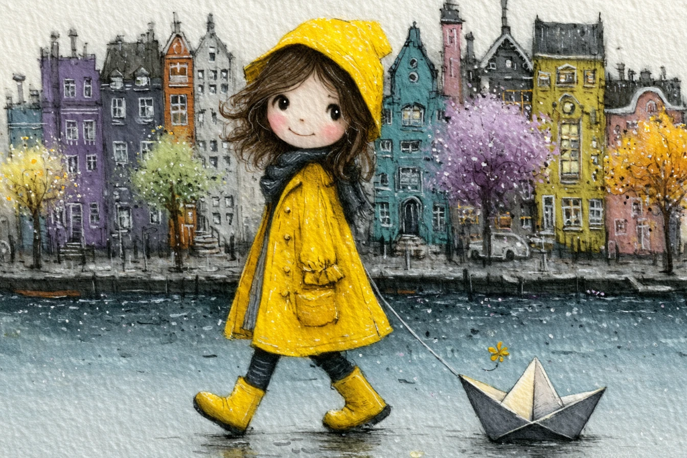 Happy girl in yellow raincoat walking through spring puddles