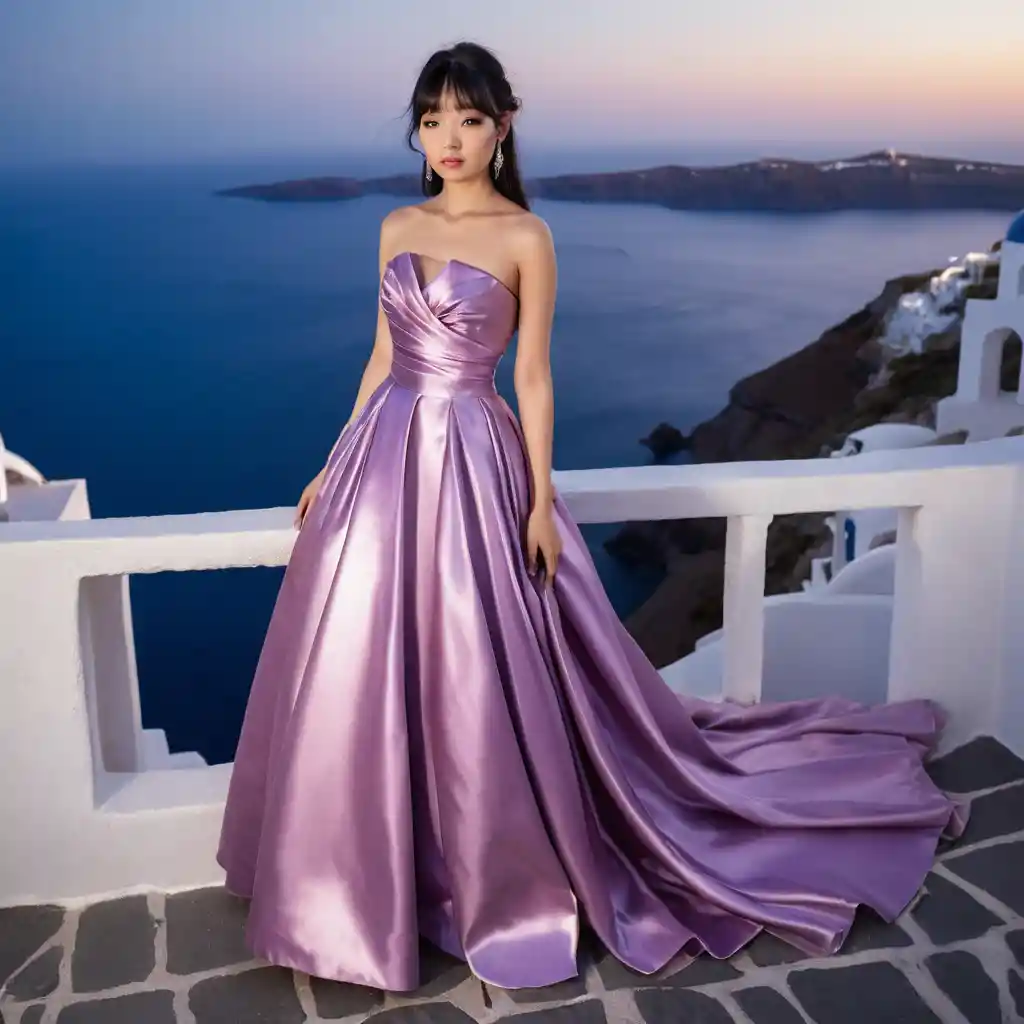 Elegant Japanese woman in satin gown at night in Santorini