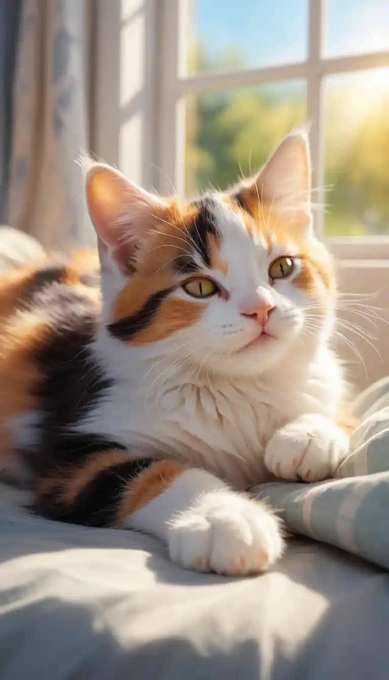 Calico kitten sleeping peacefully on a cozy bed