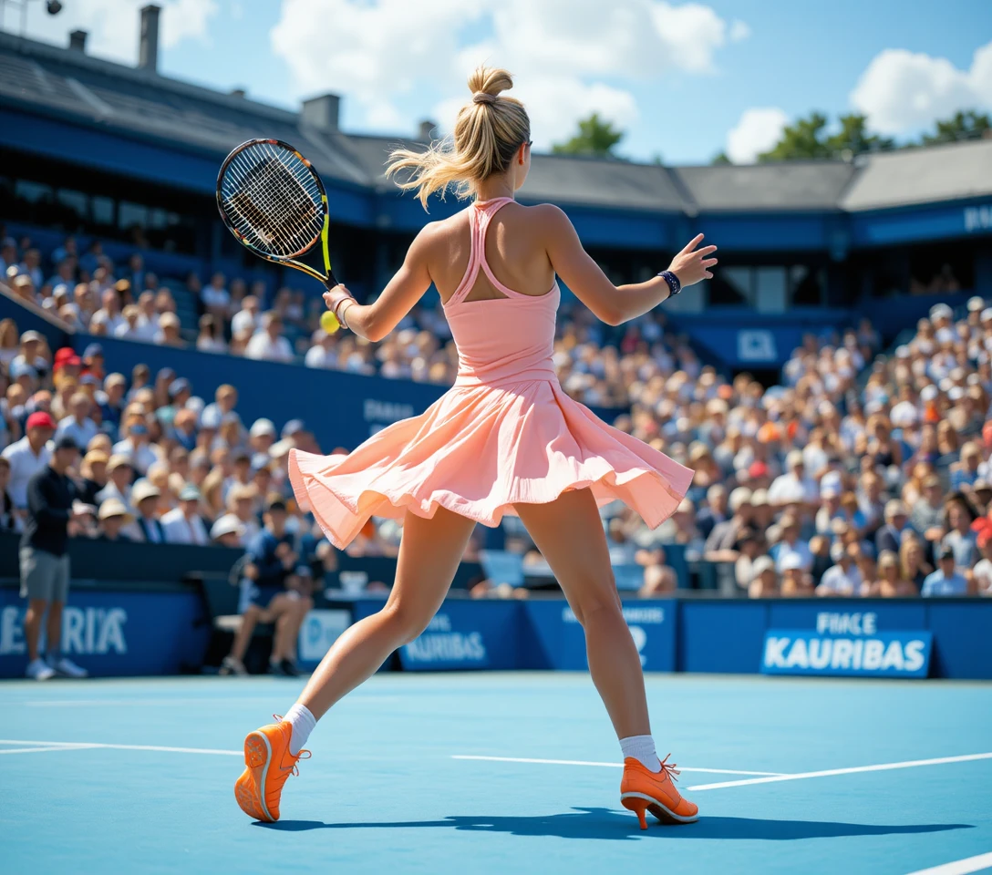 Female tennis player swinging her racket on blue court