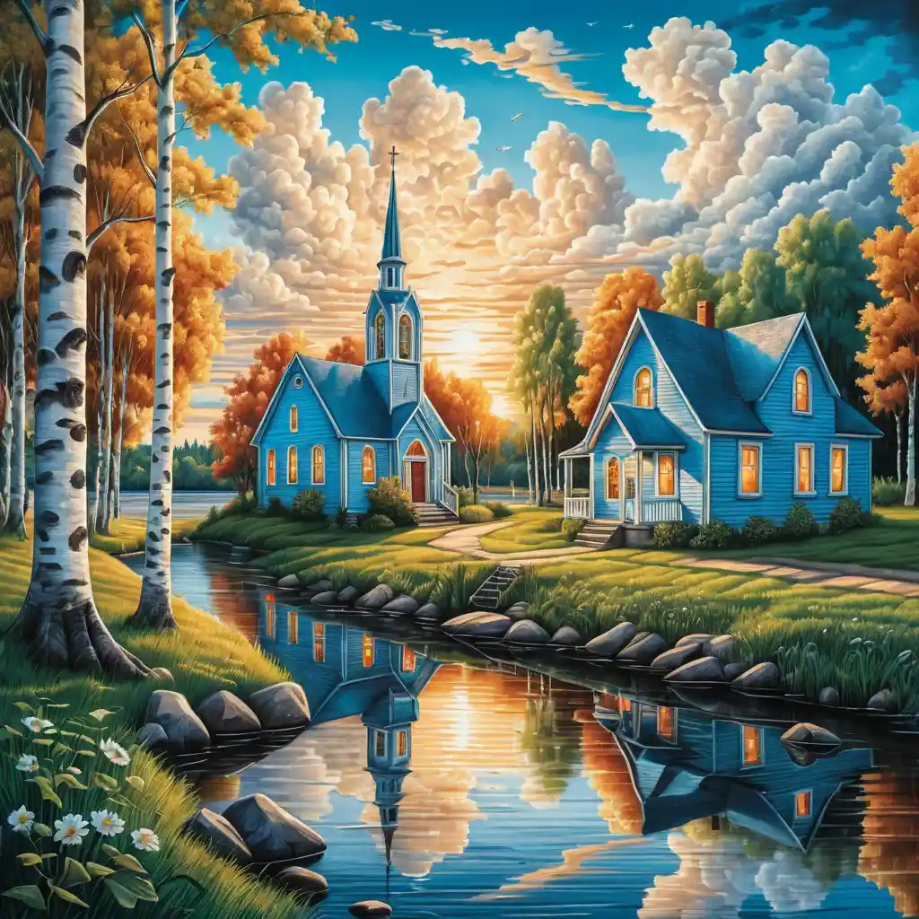 Summer riverside village at sunrise in soft blue tones