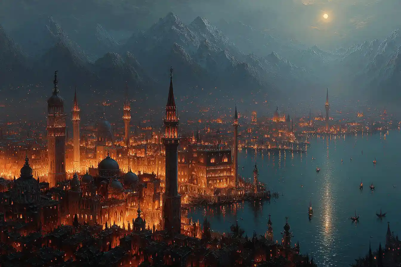 Twilight cityscape under serene lunar glow in oil painting