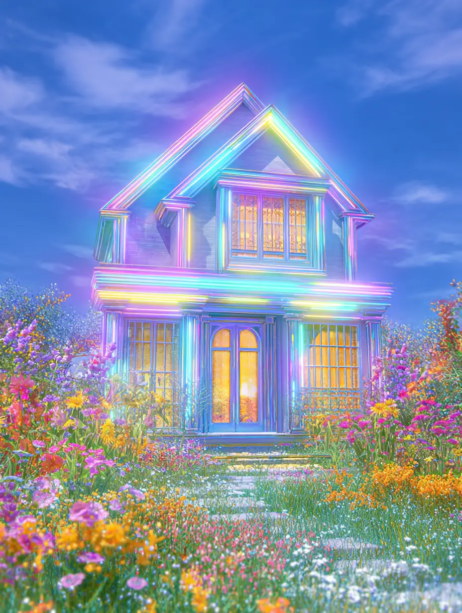 Iridescent piano shaped house with neon lights in garden