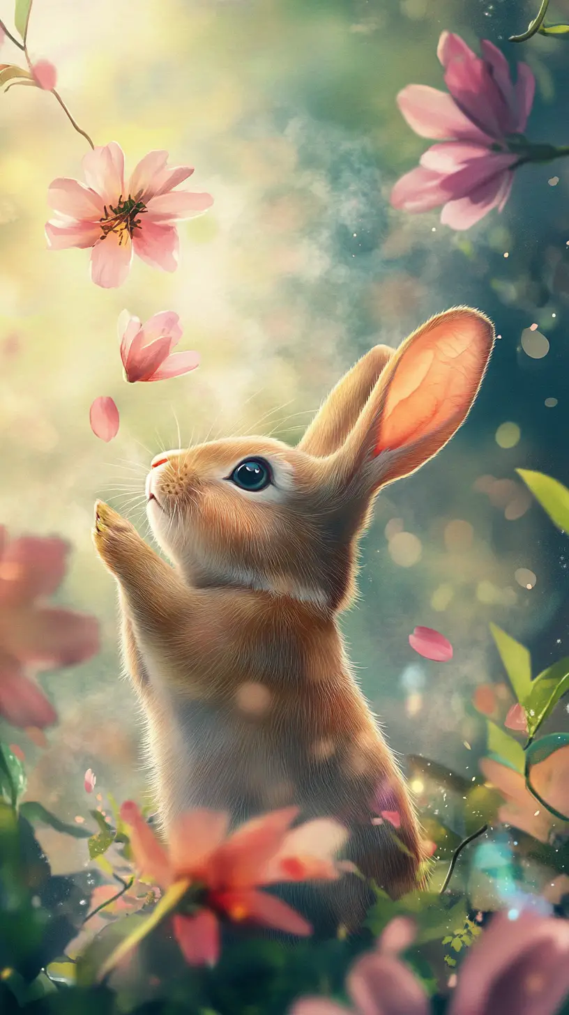 Curious rabbit reaching for soft pink blossoms in spring garden