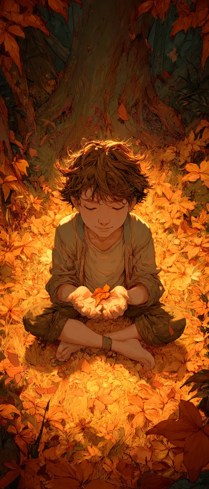 Teenage Boy Meditating In Autumn Forest Clearing At Sunset