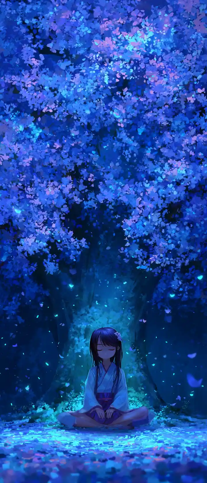 Anime girl meditating inside a luminous cherry blossom tree