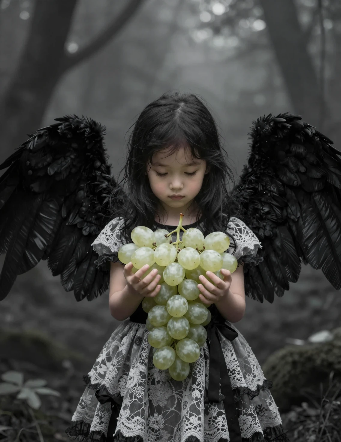 Tiny winged girl holding glowing grapes in dark forest