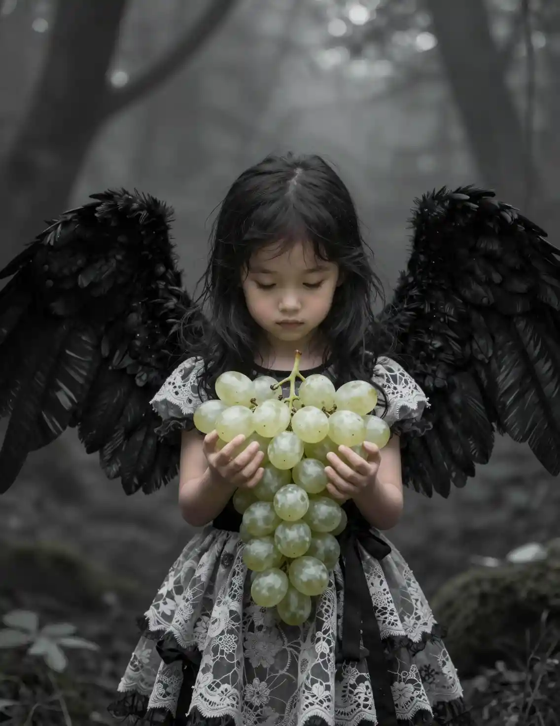 Tiny winged girl holding glowing grapes in dark forest
