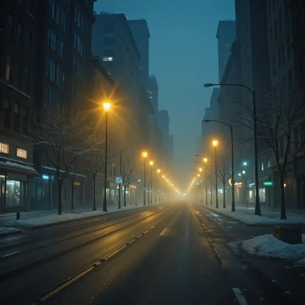 Leere Straße in Chicago bei Nacht mit leuchtendem Nebellicht