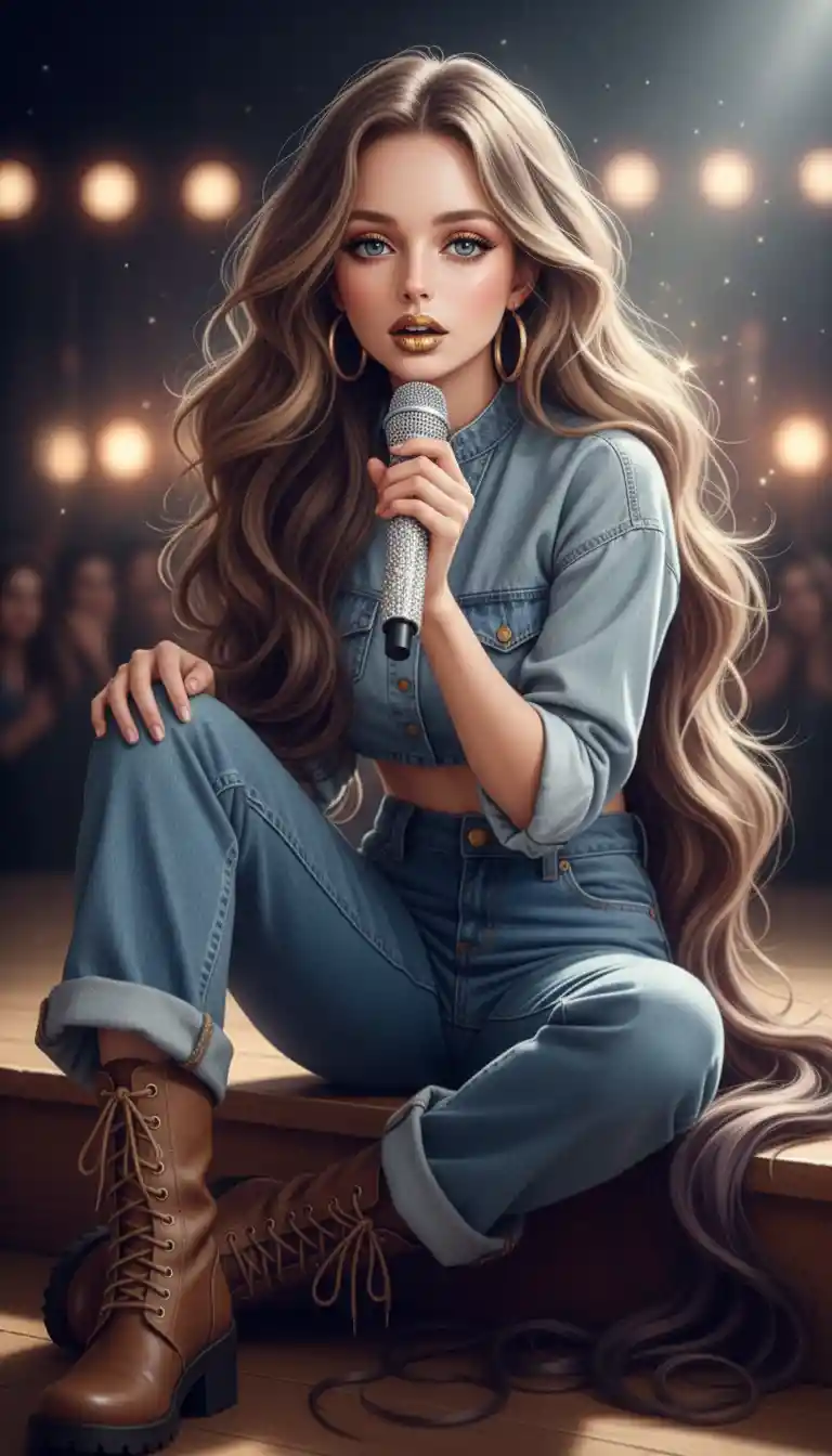 Supermodel With Diamond Microphone On Stage Step