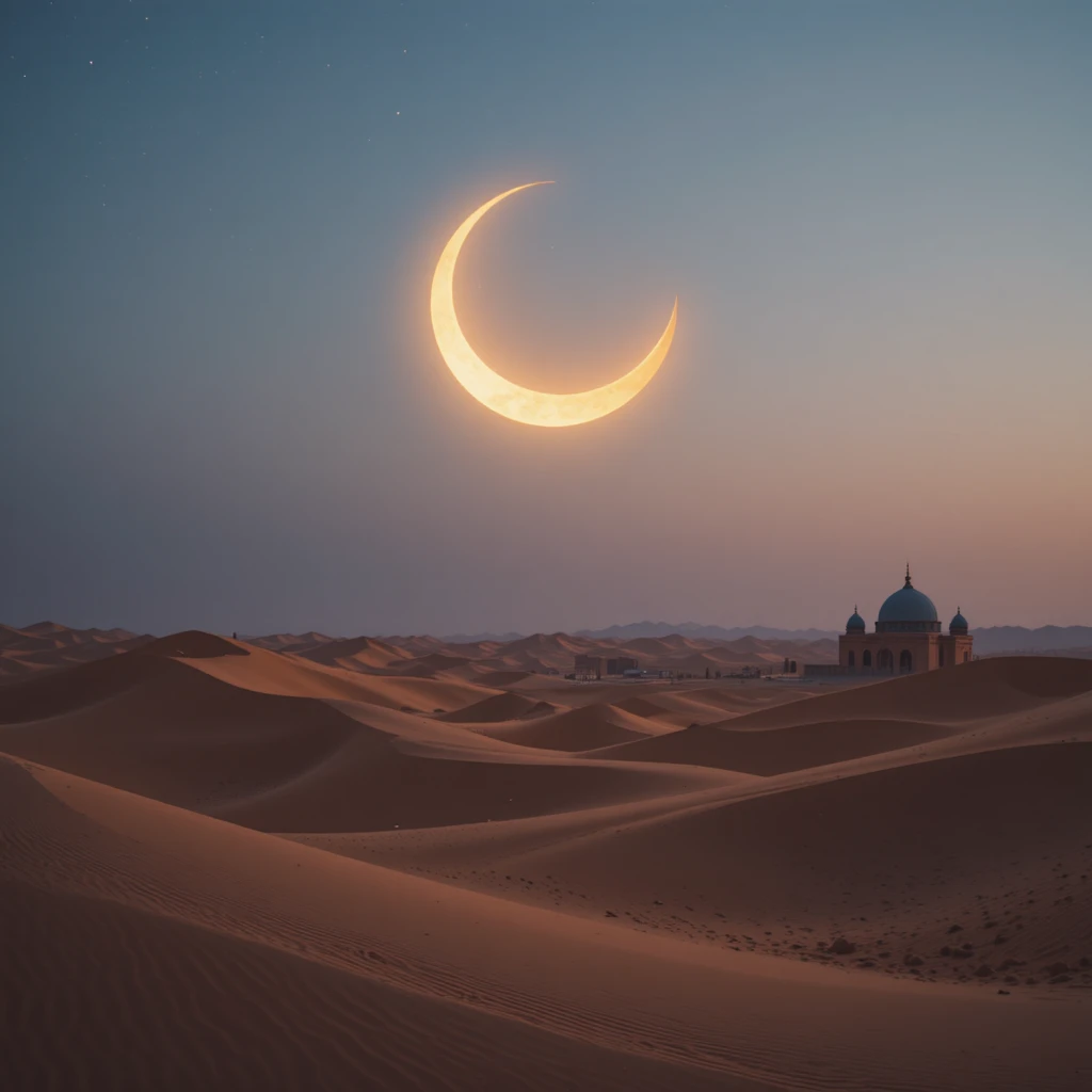 Glowing crescent moon above a quiet desert night sky