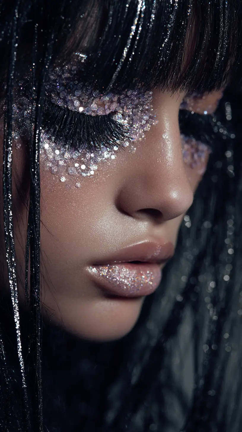 Surreal close up of woman with diamond jeweled features