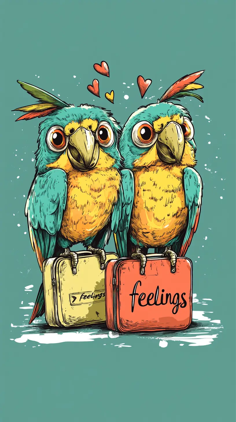 Cute cartoon tropical parrots with tiny feelings luggage