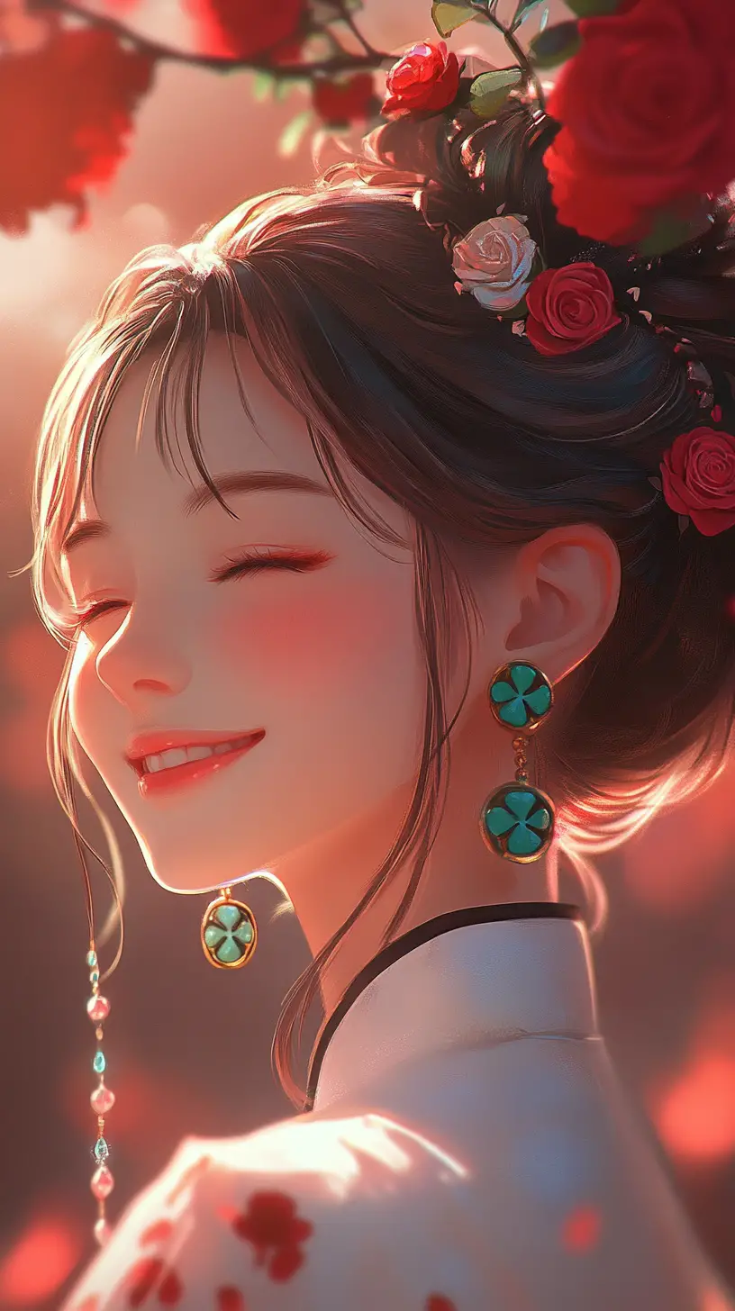 Smiling young girl with roses in her hair