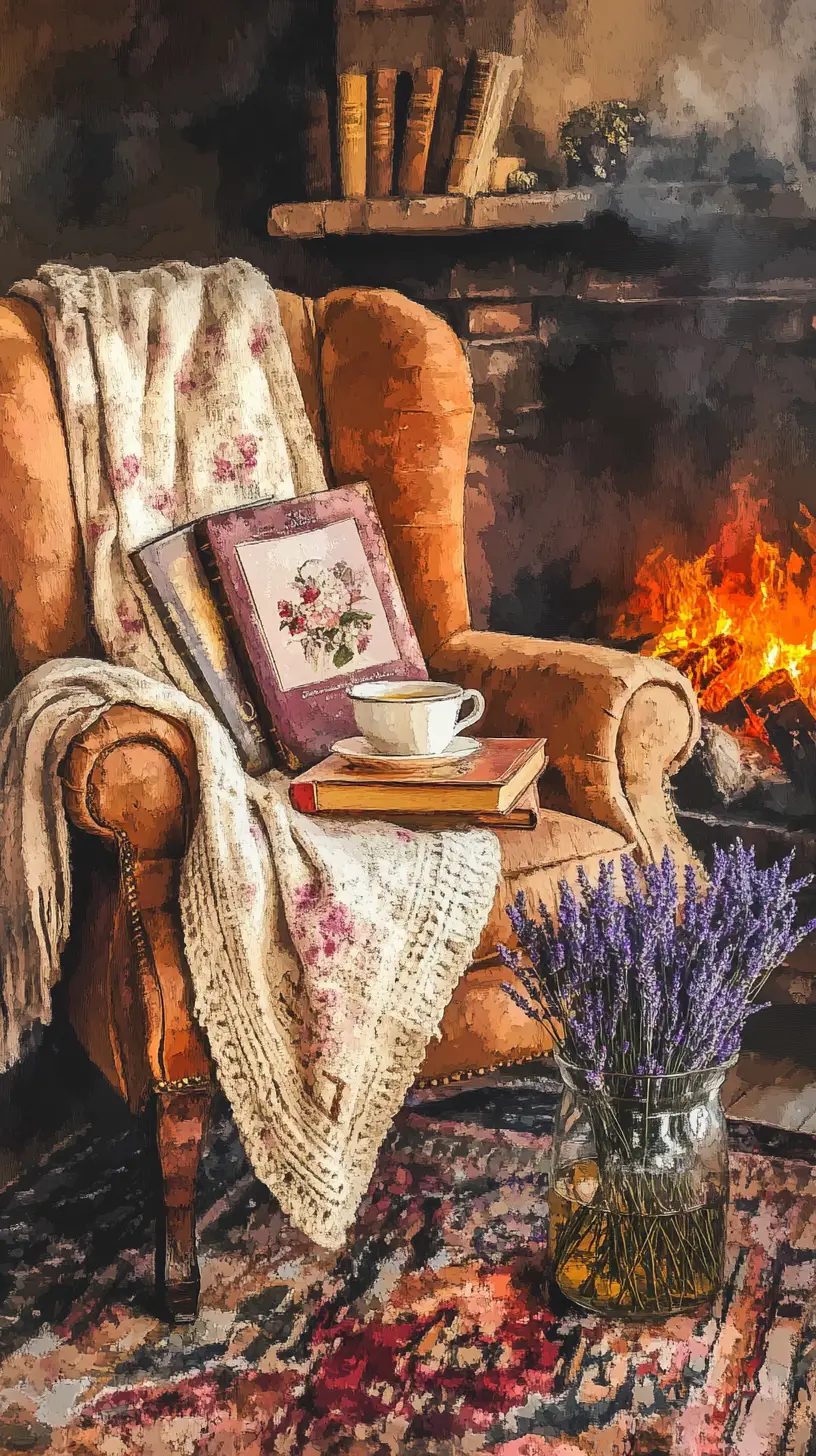 Cozy Armchair Still Life By A Warm Fireplace Glow
