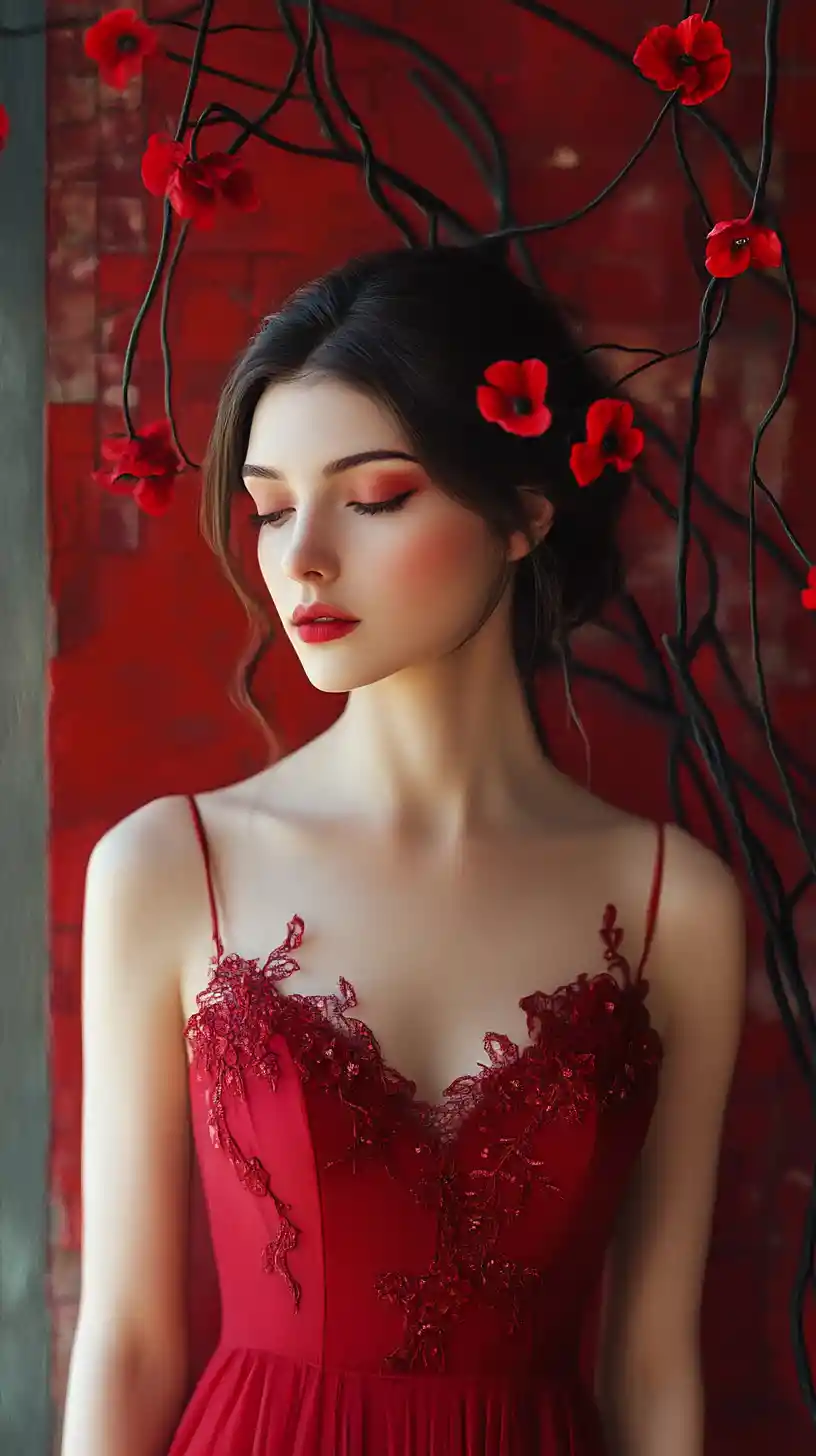 Elegant woman in red dress with floral art background