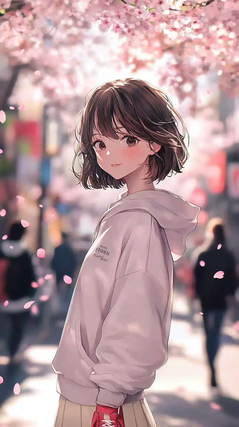 Anime girl walking under cherry blossoms in the city