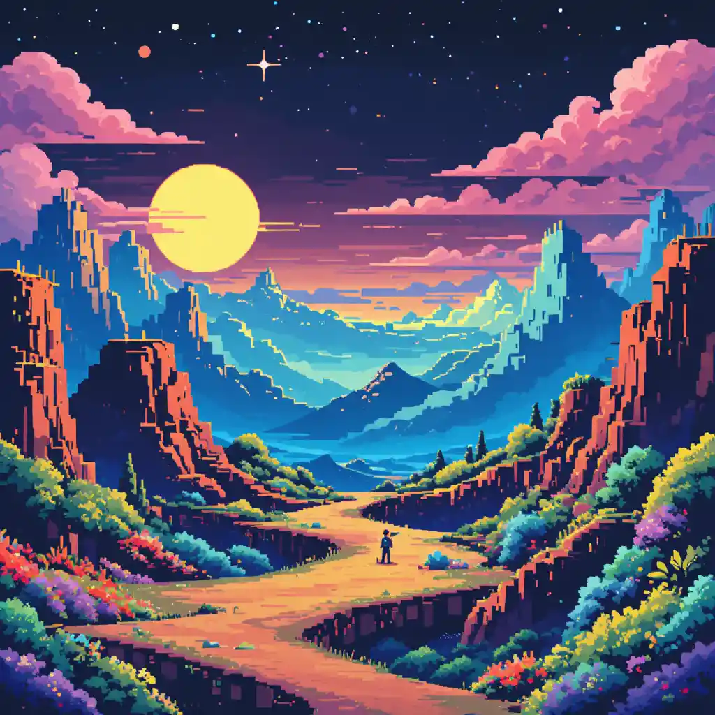 Retro-futuristische Pixelkunst-Landschaft mit lebendigem Analog-Glow